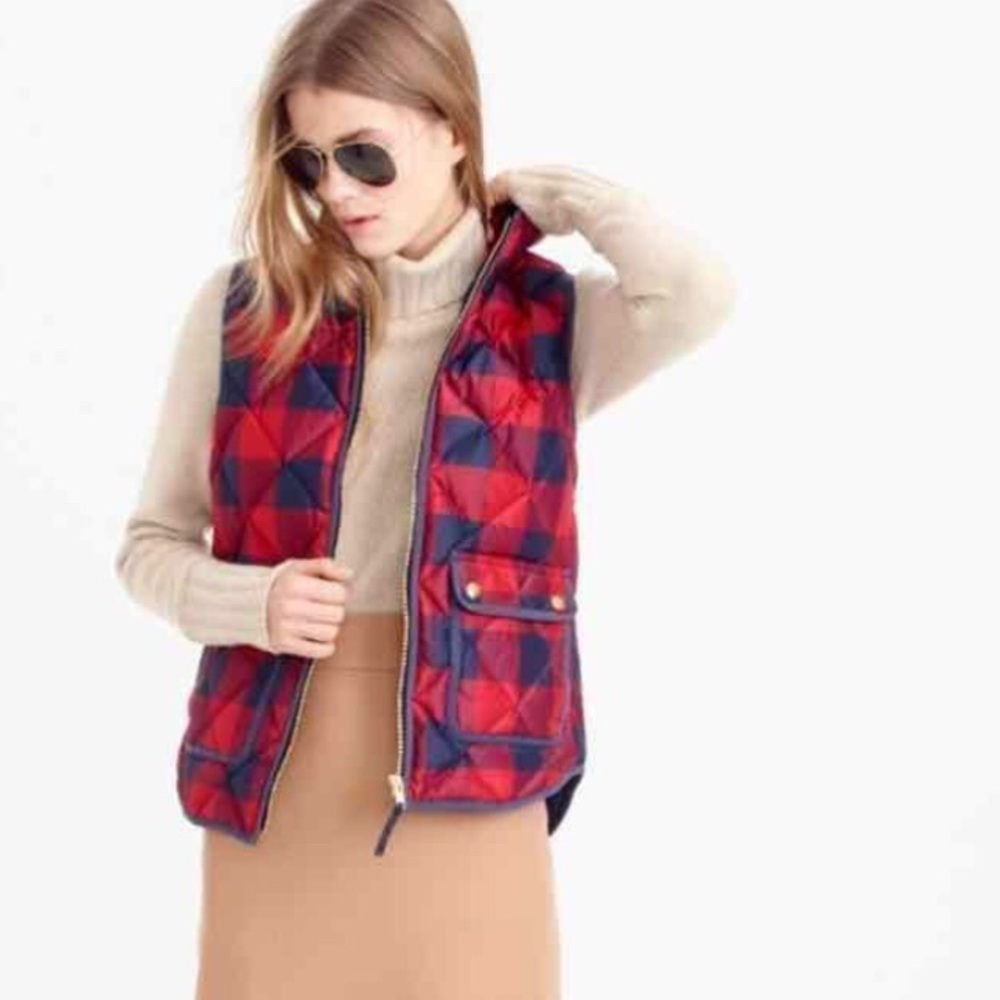 J Crew puffer vest in navy and red buffalo check